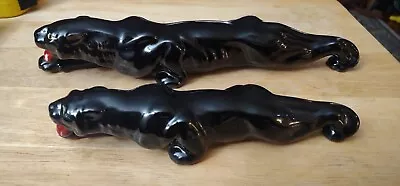 8” & 11  Vintage MCM Ceramic Crouching Stalking Black Panther Figurine Statue  • $35