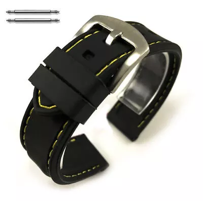 Black Rubber Silicone Replacement Watch Band Strap Yellow Stitching Buckle #4005 • $9.95