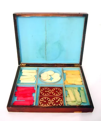 !9th C. Antique Gambling Box Poker Chips English Mahogany Veneer With Contents • $125