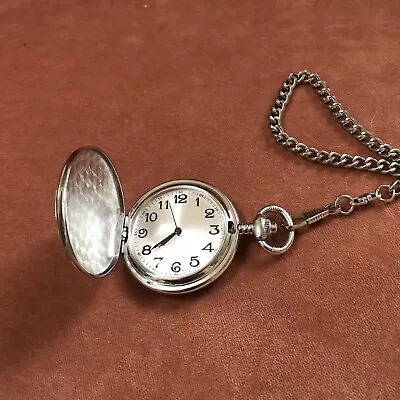 Mens Pocket Watch Quartz White Dial ~2” With Chain • $14
