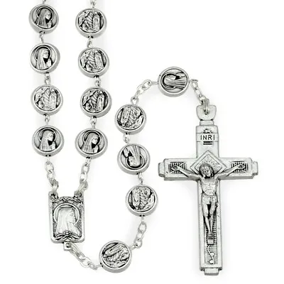 New Made In Italy Our Lady Of Lourdes Oxidized Silver Metal Bead Rosary  • £21.23