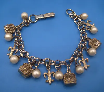 Vintage BRACELET 1950s 1960s Faux Pearls Fleur-de-lis Crowns Silvertone 7  • $14.77