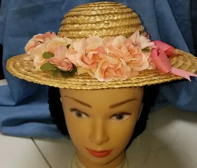 Girl's HAT Low Crowned Natural Straw 1840-1860's Peach Ribbon And Roses • $8.95