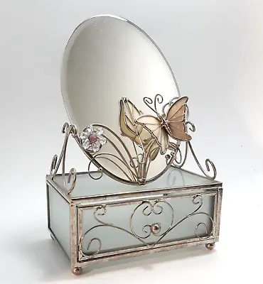 Frosted Glass Trinket Box Jewelry Drawer With Mirror Butterfly Flower Gold Color • $19.95