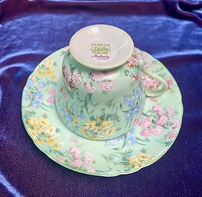 Vintage Shelley China MELODY Chintz Mint Green Cup & Saucer ~LOVELY! • $34.99