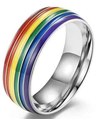 LGBTQ+ Pride Rainbow Valentine Promise Anniversary Stainless Steel Band Ring • £4.99