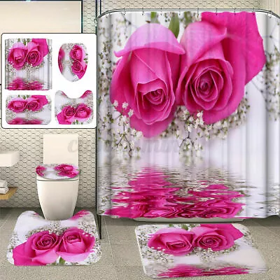 4Pc/Set Pink Rose Waterproof Bathroom Shower Curtain Toilet Cover Mat Rug Sets • £10.44