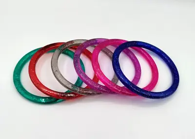 Vintage Plastic Glitter Bracelets 1980's Multicolor Stack 6 Bangles Pastel GLOW • $12.60