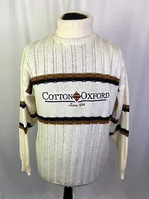 Cotton Oxford Turtle Neck Jumper Knit Cream Wool Blend Vintage Medium C1387 • $11.20