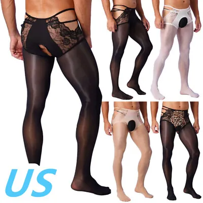 US Sissy Men's Lace Sheer Glossy Tights Pants Hollow Out Pantyhose Stockings • $9.38