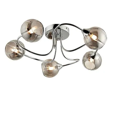 Modern Ceiling Light 5 Arm Flush Swirl Design Chrome With Smoked Glass Shades • £21.99