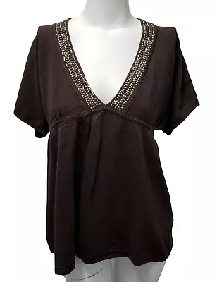 MICHAEL KORS Women's Knit Top Medium Brown Lineon Short Sleeve Tunic Beaded • $24.99