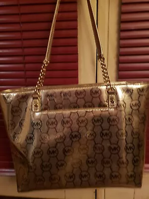 Michael Kors MK  Gold Metallic Tote Bag Hand Bag 6 Pockets 2 Large Pocketbook • $69.99