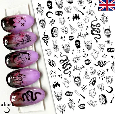 Halloween Nail Art Stickers Tattoo Face Monster Skull Wednesday Snake Ghost 2024 • £2.79