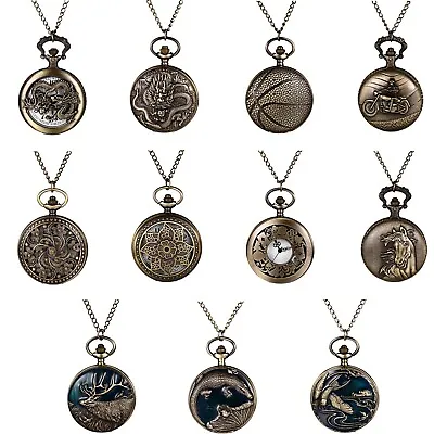 Vintage Bronze Tone Quartz Analog Pocket Watch Pendant Necklace Chain For Gift • $12.99