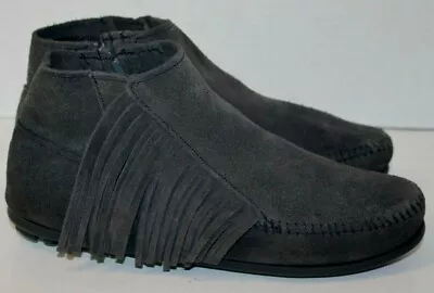 Minnetonka Fringe Suede Moccasin Boots Gray  Lacy  Sz 7 Worn 1X • $29.99