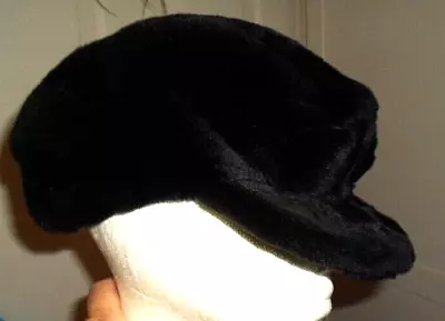 Genuine Fur (Newsboy Cap Driving Hat Black Shirred Double-Snap Lined Luxury • $49.50