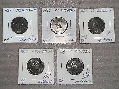 5 DIFFERENT 10 FRANC COINS From POLYNESIA (1967) • $19.95