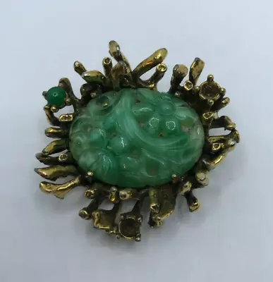 Vintage Kramer Faux Jade Carved Brutalist Brooch Missing 2 Stones Signed • $18