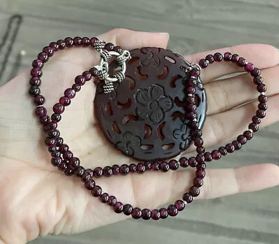 Vintage Genuine Garnet Bead Necklace Large Pendant • $34.99