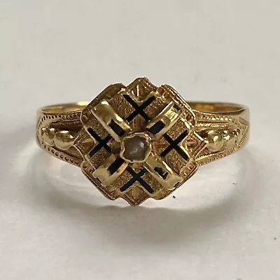 £295 • Buy 18ct Gold Enamel Seed Pearl Ring Antique Georgian Helvetia Head Swiss Size M