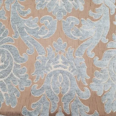 Bella Damask Upholstery Fabric Cut Velvet Design Blue Taupe 3yds 19  Vintage • $174.99