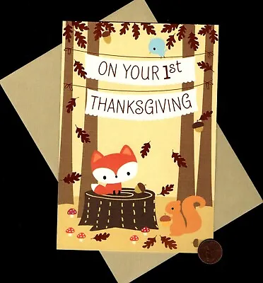 Babies First Thanksgiving Fox Squirrel Acorns Leaves - Greeting Card W/ TRACKING • $2.99