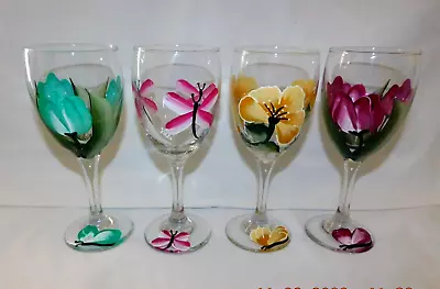 Hand Painted Multi-Color 4 Wine Glasses 10oz 3 Floral-1 Butterfly Unused W2s11 • $29.99