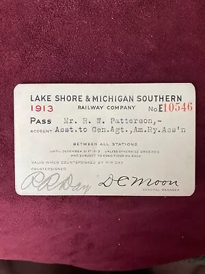 Original 1913 Lake Shore & Michigan Southern (LS&MS) Railroad Pass • $7.99