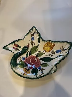 Vintage Hand-painted Majolica Swan Shaped Dish With Flower Motif Made In Italy • $0.99