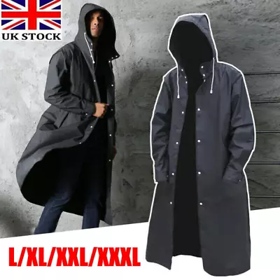 Waterproof Long Black Raincoat Men Rain Coat Trench Jacket Hooded Outdoor Hiking • £10.08