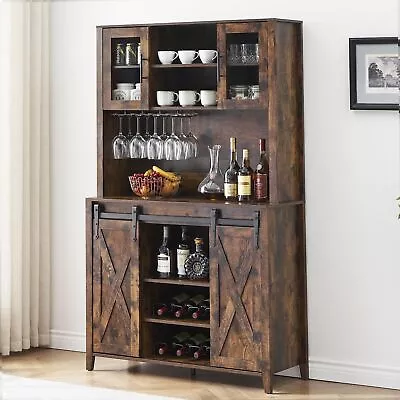 70  Rustic Buffet Cabinet With Storage Shelves Sliding Barn Door For Kitchen     • $258.43