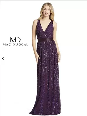 Mac Duggal Dress Womens 2 Sequins Aubergine Purple V-neck Beaded  $398 Pageant * • $49.95