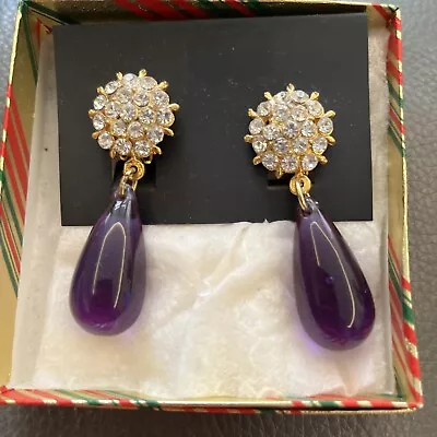 Purple Pear Drop Dangle With Clear  Crystal Earrings Statement Piece 65mm • £14