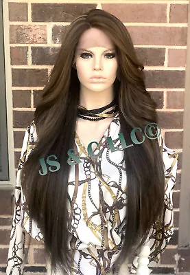 Extra Long Human Hair Blend Heat OK Full Lace Front Wig Brown Mix WBPC 8/27/613 • $89.94