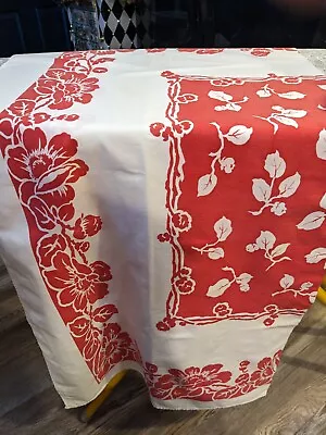 Vintage Tablecloth Light Weight Cotton Sheeting Red & White Floral MINT • $18