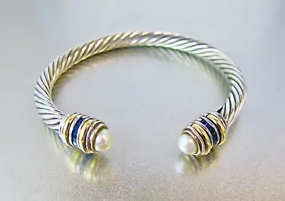 Jeffrey Levin Sterling 925 18K Sapphire Pearl Cable Cuff Bracelet • $289.99