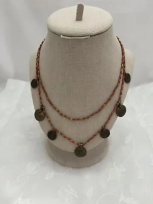 Nagaland Beaded Necklace With Brass Spiral Pendants Tribal Jewelry 2 Strands • $75