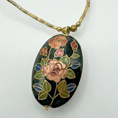 Vintage Cloisonne Floral Blue Pink Gold Tone Pendant Necklace 16  Tube Bead • $18.50