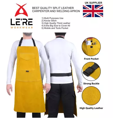 Leather Welders & Carpenters Apron For Welding Safety Bib Fire Resistance • £15.60