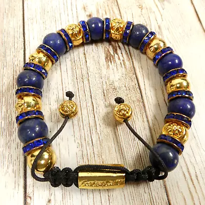 Beaded Rhinestone Gold Blue Adjustable Fleur De Leis Macrame Bracelet NIB • $14.62