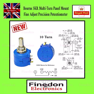 Bourns 5KR Multi-Turn Panel Mount Fine Adjust Precision Potentiometer 10 Turn • £6.86