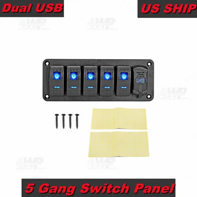 5 Gang Blue LED Waterproof Rocker Switch Panel Car Marine Boat RV 12V + Decal • $17.09