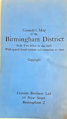 Vintage Cornish's Map Of  The Birmingham District - 2 Miles - 1 Inch -Linen Back • £18.99