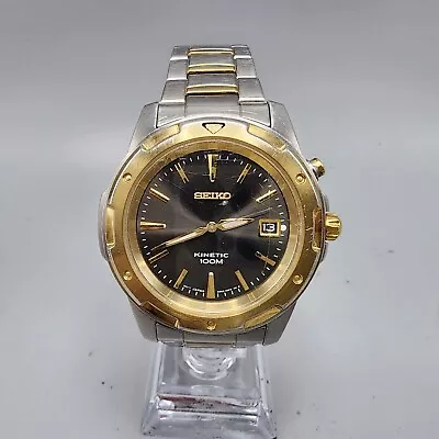 Vintage Seiko Kinetic 100M Watch Men Two Tone Gray Dial Date 5M62-0BC0 New CAP • $157.99