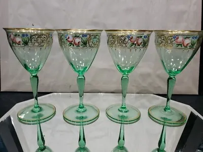 (4) Water Wine Goblets 7-1/2  Glasses Bohemian Moser Gold Rose Uranium Green • $209.95