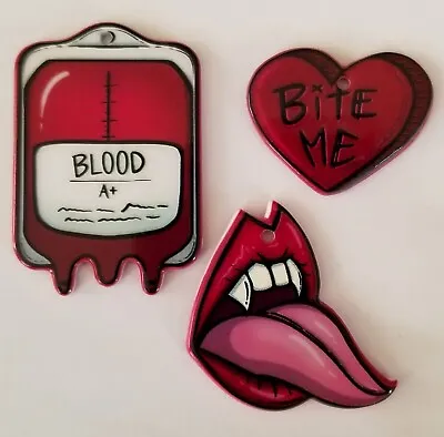 Craft Charm Pendants BITE ME Vampire Blood Transfusion Acrylic Jewellery Making • £3