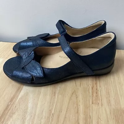 ZIERA Disco Navy Passion Leather Mary Jane Low Wedge Comfort Sandals Size 40 XW • $69.95
