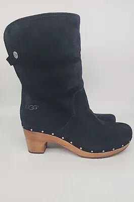 UGG Australia Lynnea Sheepskin Black Suede Winter Boots Clogs Sz US 9/EU 40 • $49.99