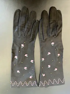 Black Kidskin Gloves 10 Vintage 1940’s-50's Embroidered Flowers Pink Trim • $12